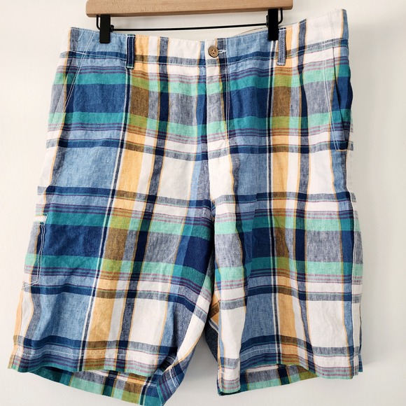 Tommy Bahama‎ 100% linen blue yellow plaid shorts mens size 38 - Picture 1 of 6